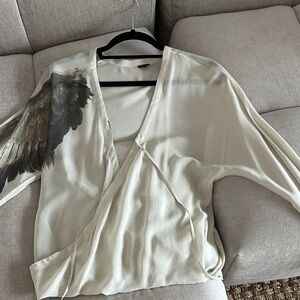 Elegant Cream Silk Wrap Top with Artistic Print (on 1 sleeve)